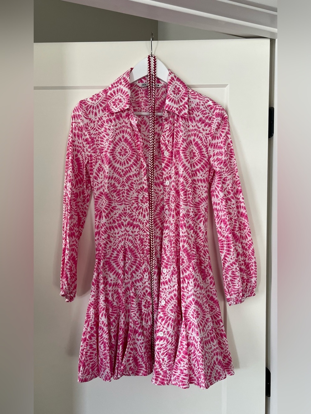 Zara Pink & White Long-Sleeve Printed Shirt Dress